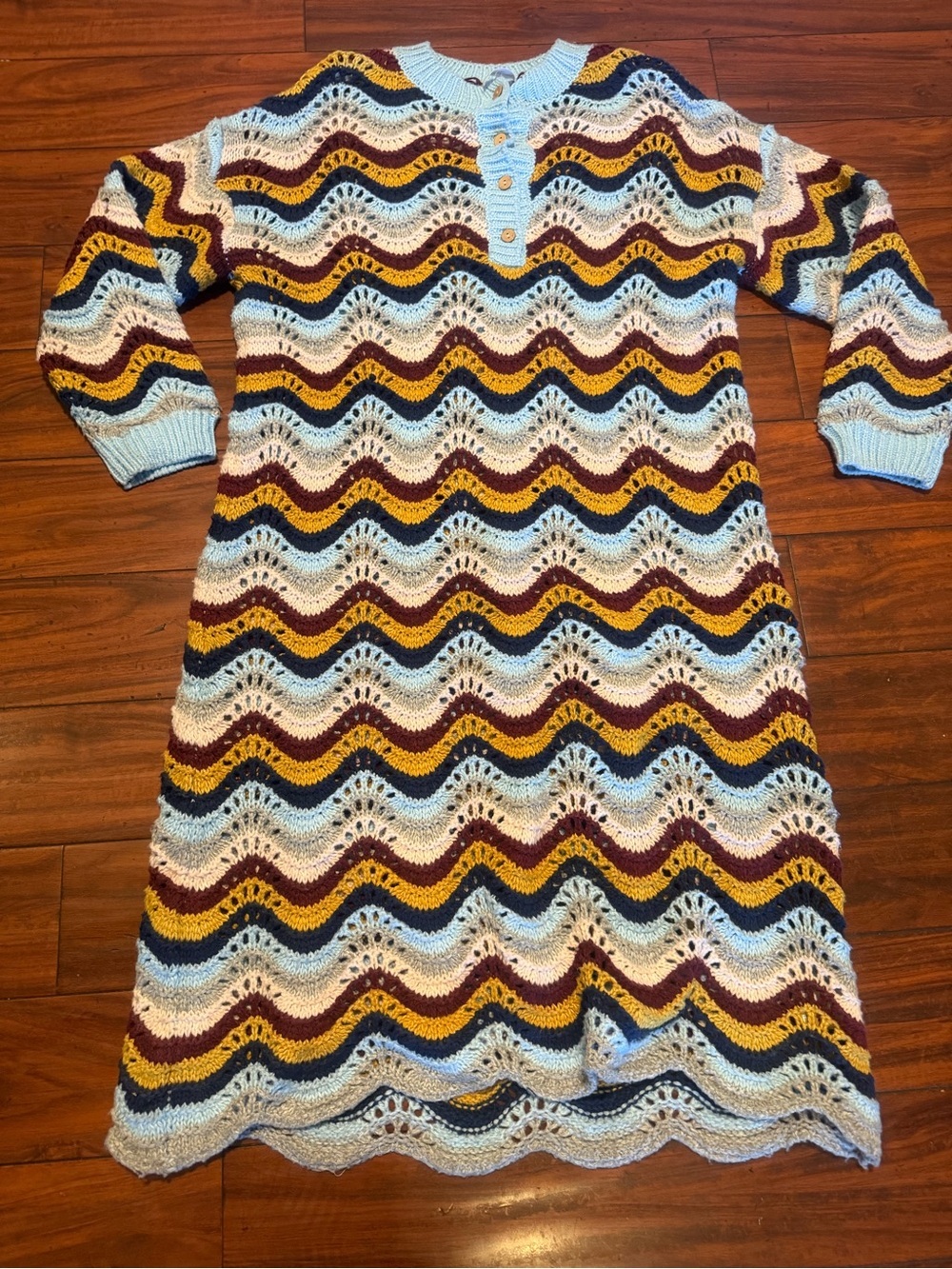 Callahan Multicolor Chevron Knit Sweater Dress in Light Blue, Burgundy, Mustard - Picture 4 of 8